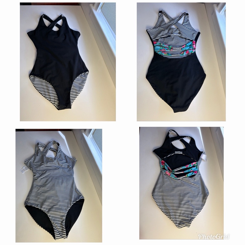 Betsey Johnson For Capezio Floral Blue Stripe Reversable One Piece Swimsuit SZ M